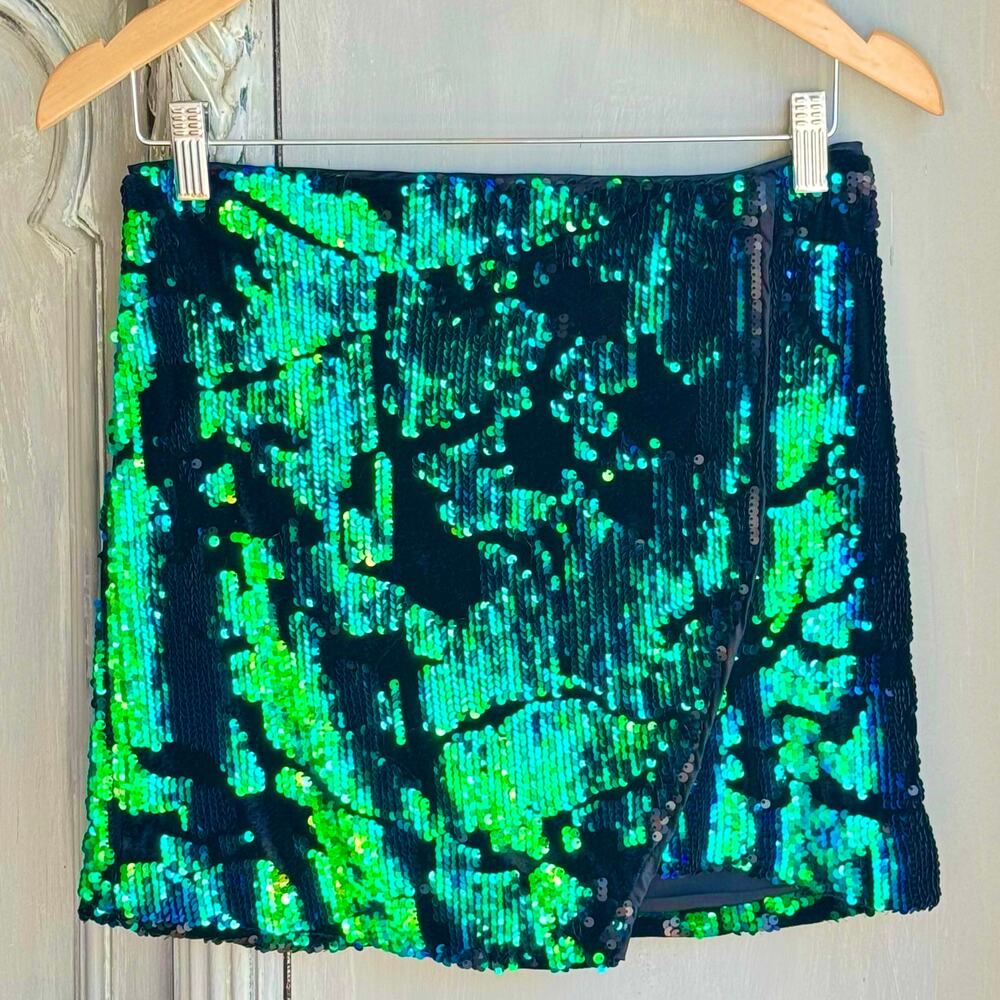 Forever 21 Green Blue Sequin Mini Skirt Womens M Party Club Lined